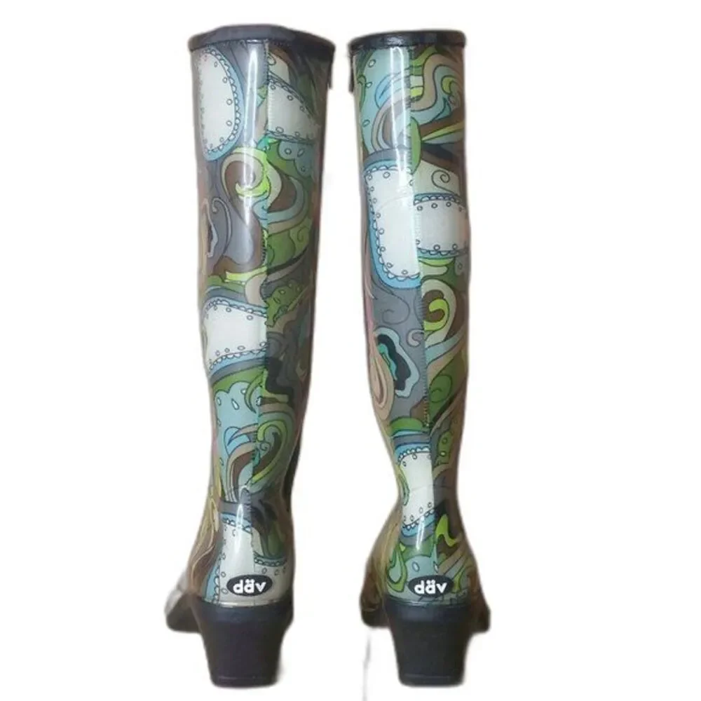 Dav Green and Blue Paisley Print Rain Boots Womens Size Large  8-9